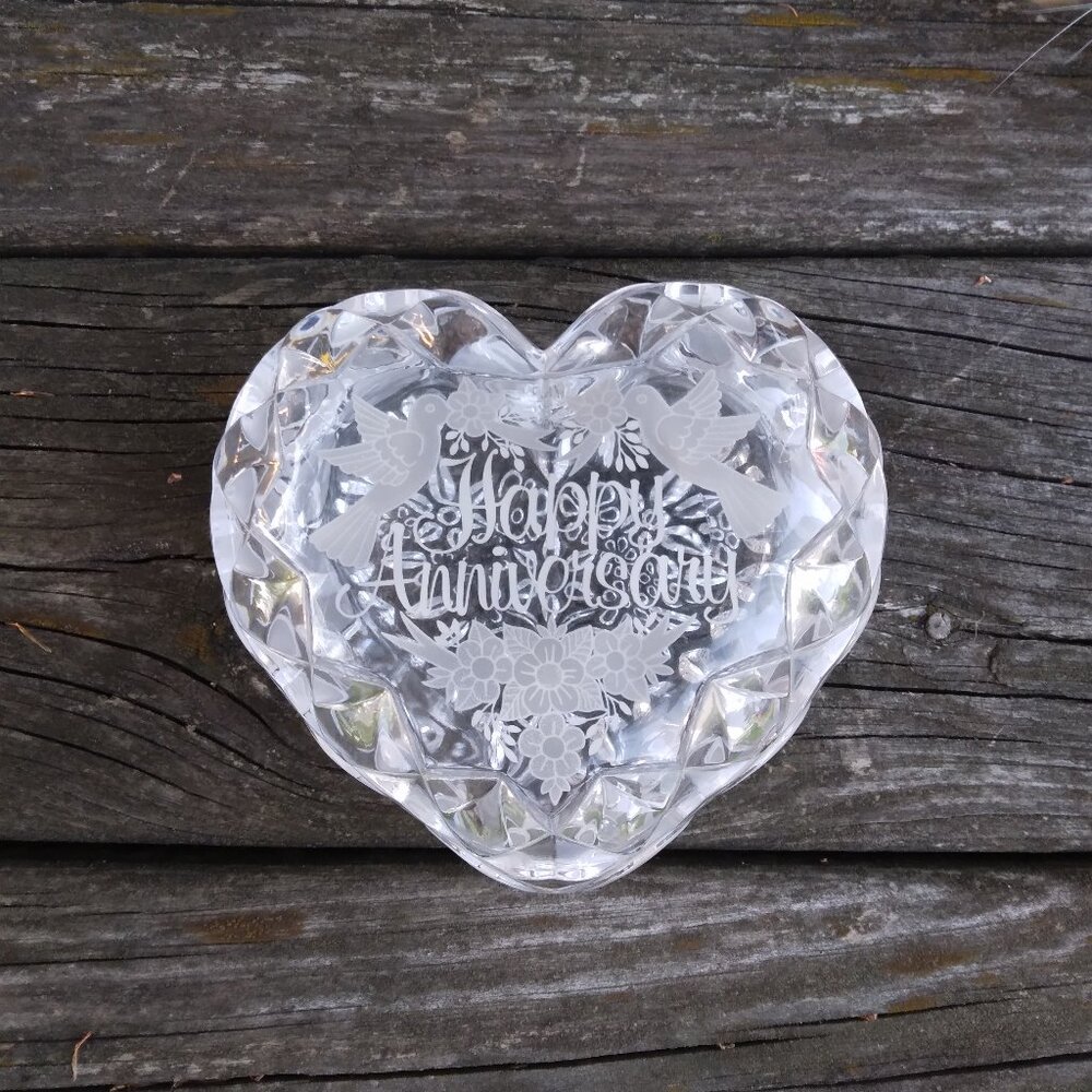 Vintage Crystal Glass Anniversary Heart Trinket Dish with Lid Gift